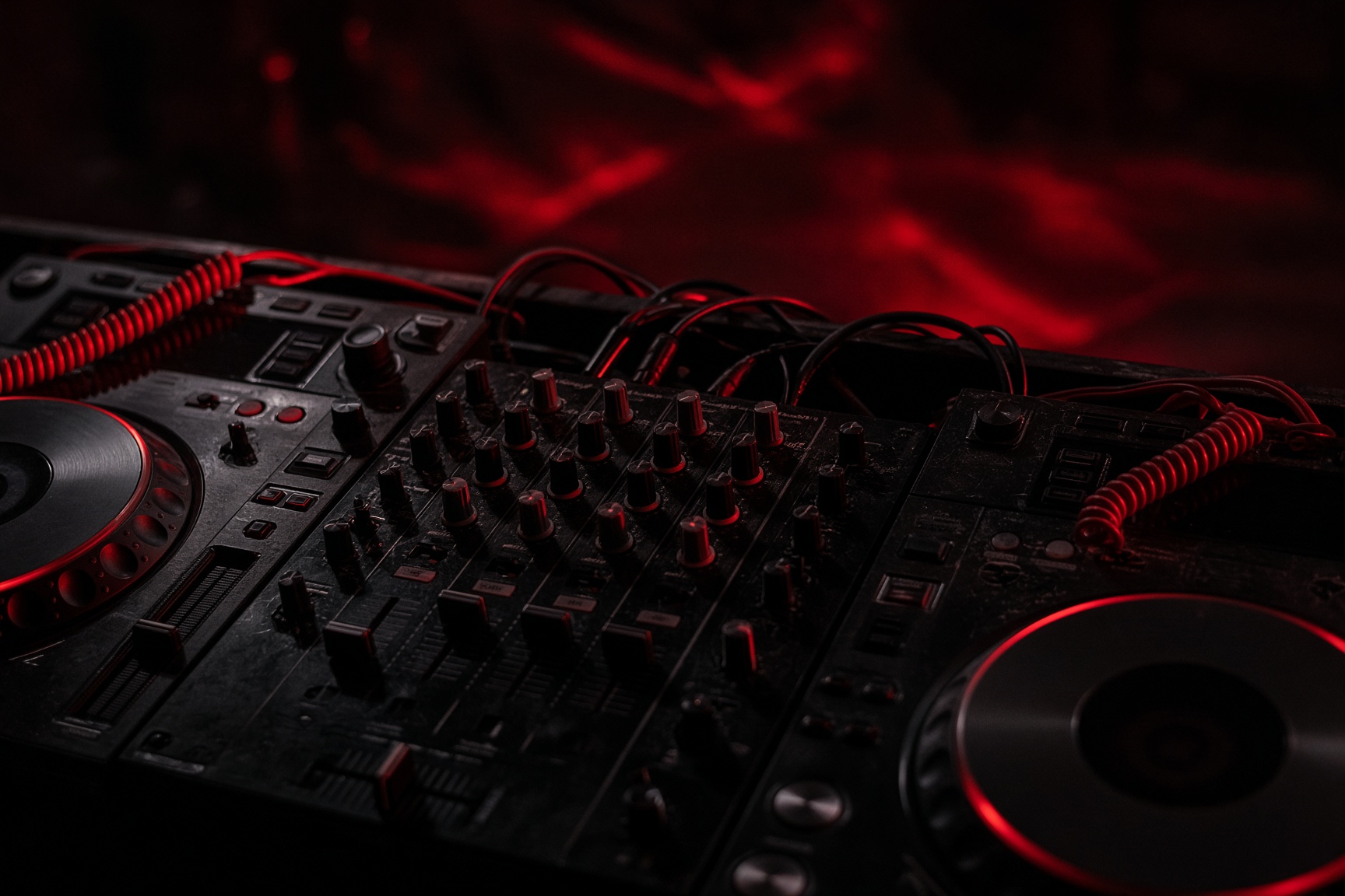 Club mixer and media players under red light.