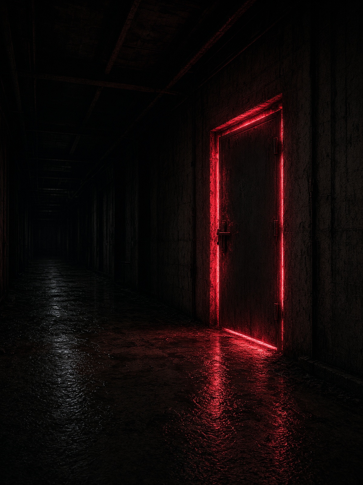 Dark corridor with red light leaking around a steel door.